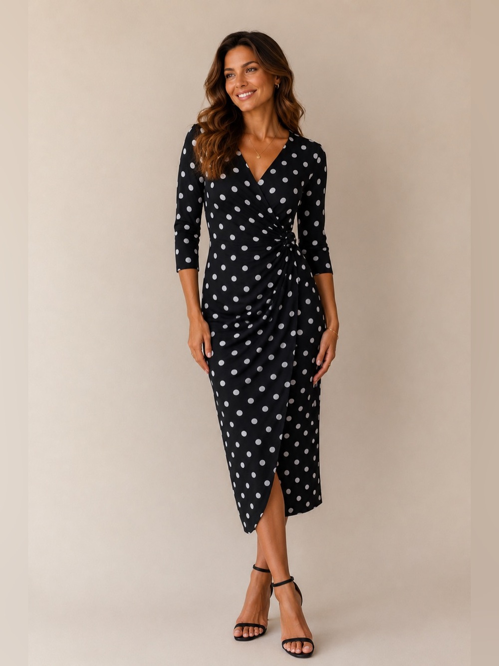 NWT Connected Apparel Polka Dot Faux Wrap Midi Dress in Black and White - 10